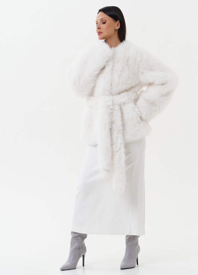 фото Укороченная шуба из эко песца в белом цвете модель № 27803