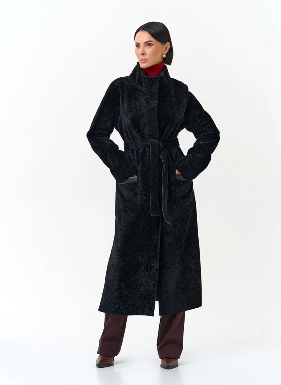 Женская двухсторонняя дубленка с поясом фото