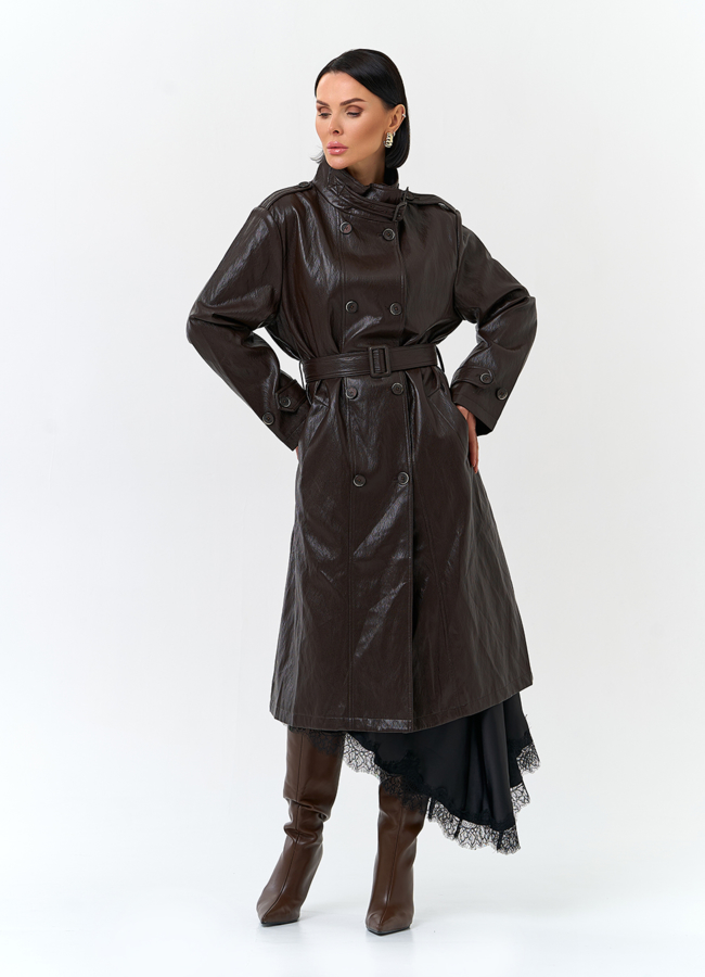 Женский плащ из эко кожи модель № 32849 меха малина