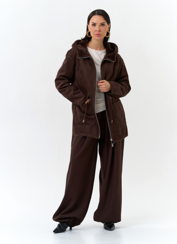 Двухсторонняя дубленка из эко замши с капюшоном