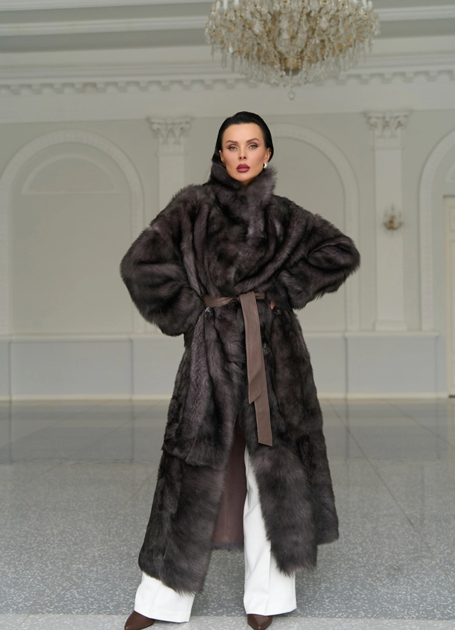 фото Женская двухсторонняя дубленка с поясом модель № 31616