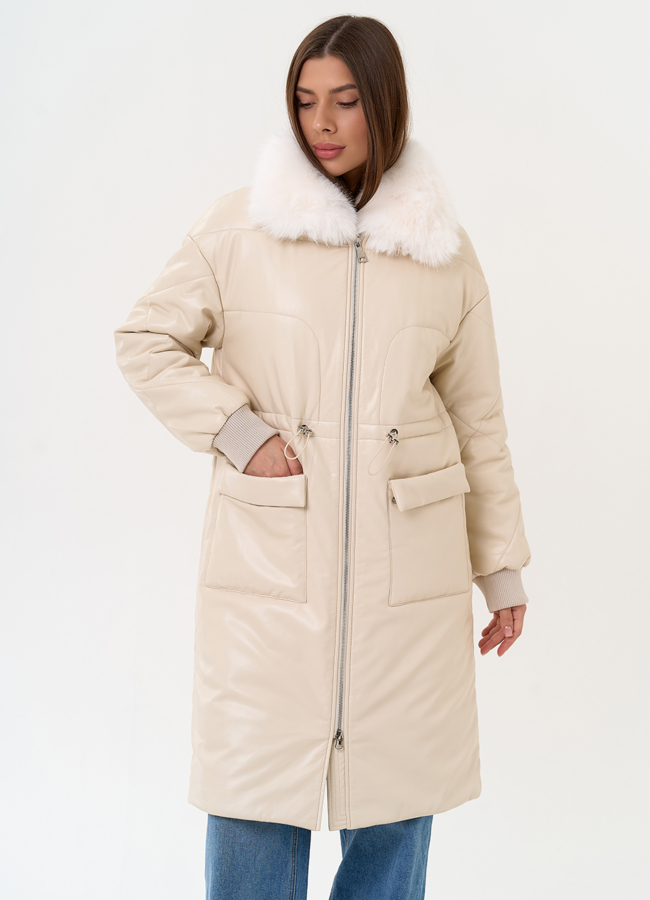 Женский пуховик из эко кожи с воротником из эко меха модель № 30725 меха малина