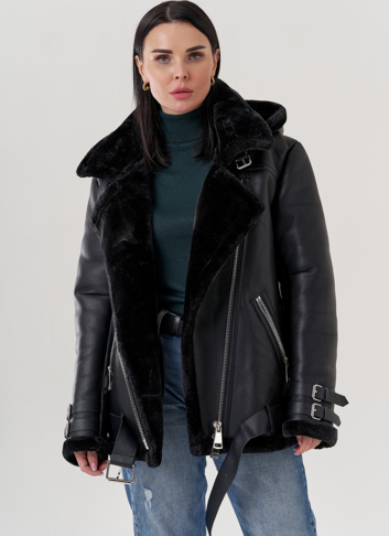 Женская дубленка пилот из эко кожи черного цвета 