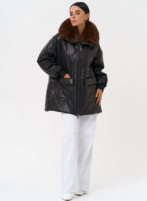 Полупальто из натуральной кожи с мехом песца