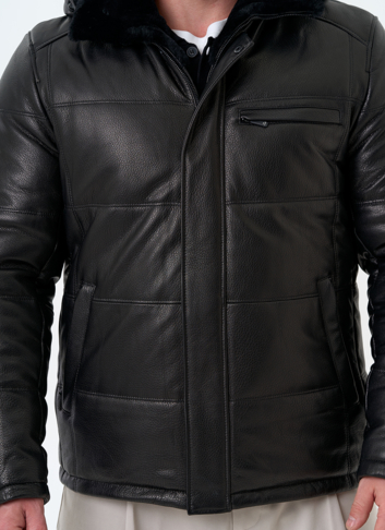 Мужской пуховик из натуральной кожи с капюшоном