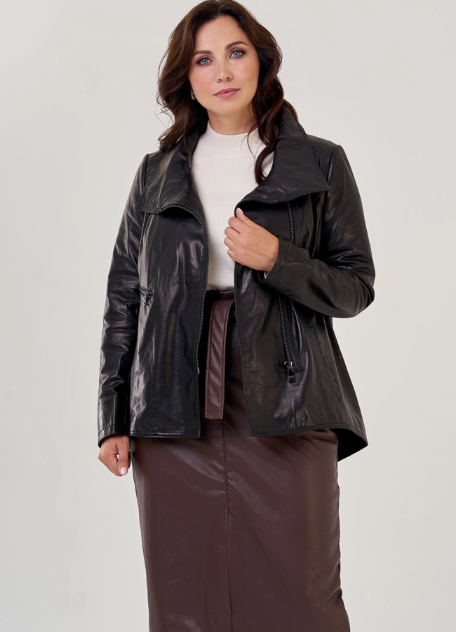 Кожаная куртка на молнии в черном цвете модель № 10703 универмаг малина