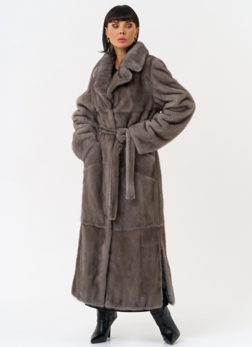 Длинная шуба из меха норки с английским воротником