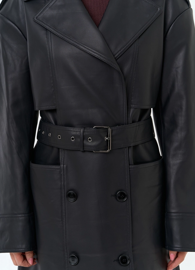 Женский плащ из натуральной кожи с поясом модель № 32901 в рассрочку