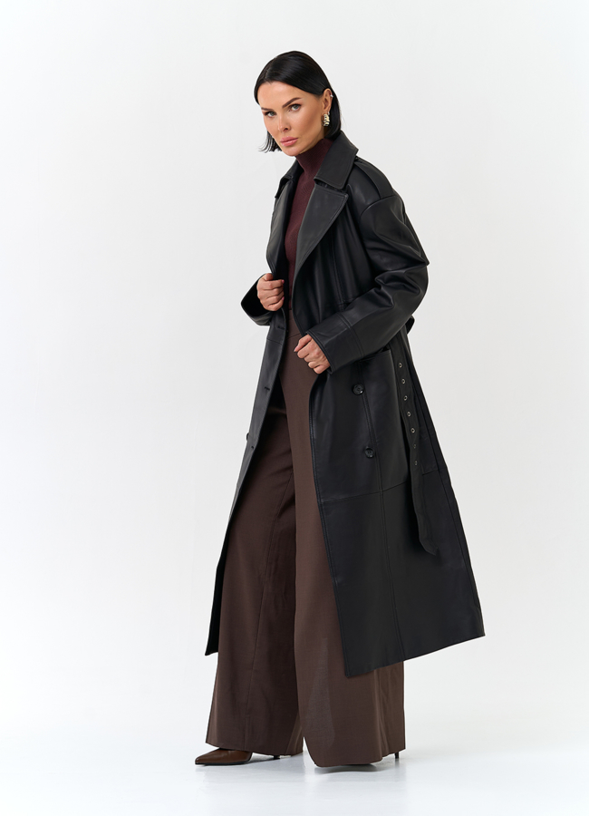 Женский плащ из натуральной кожи с поясом модель № 32901 универмаг малина