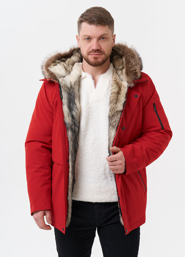 Парка мужская на мехе из волка модель № 29068 меха малина