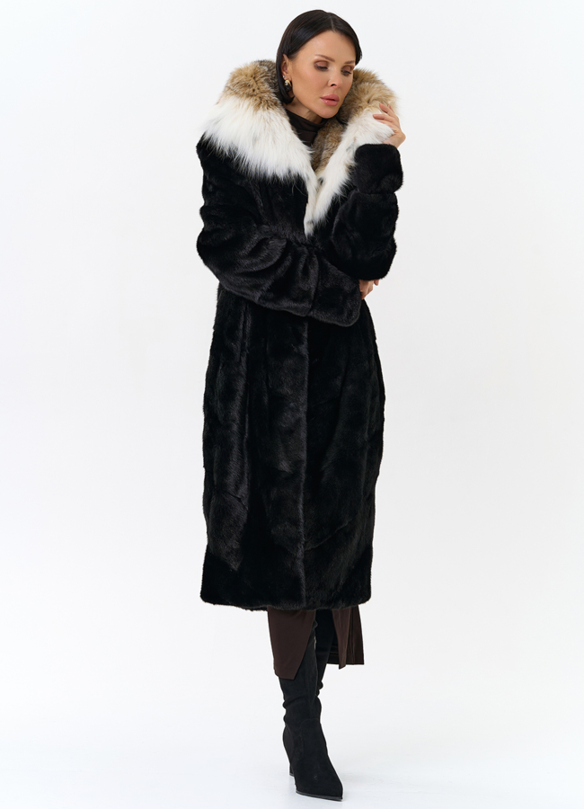 Норковая шуба черного цвета с рысью модель № 25004 универмаг малина