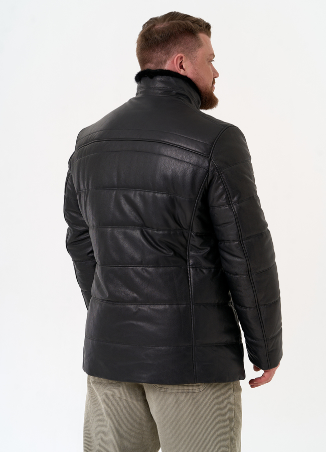 Пуховик из натуральной кожи с воротником стойкой модель № 26053 в рассрочку