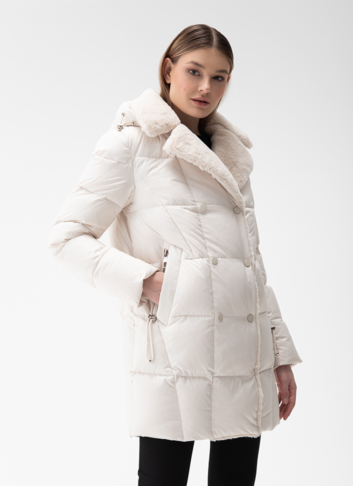 Комбинированный женский пуховик с капюшоном