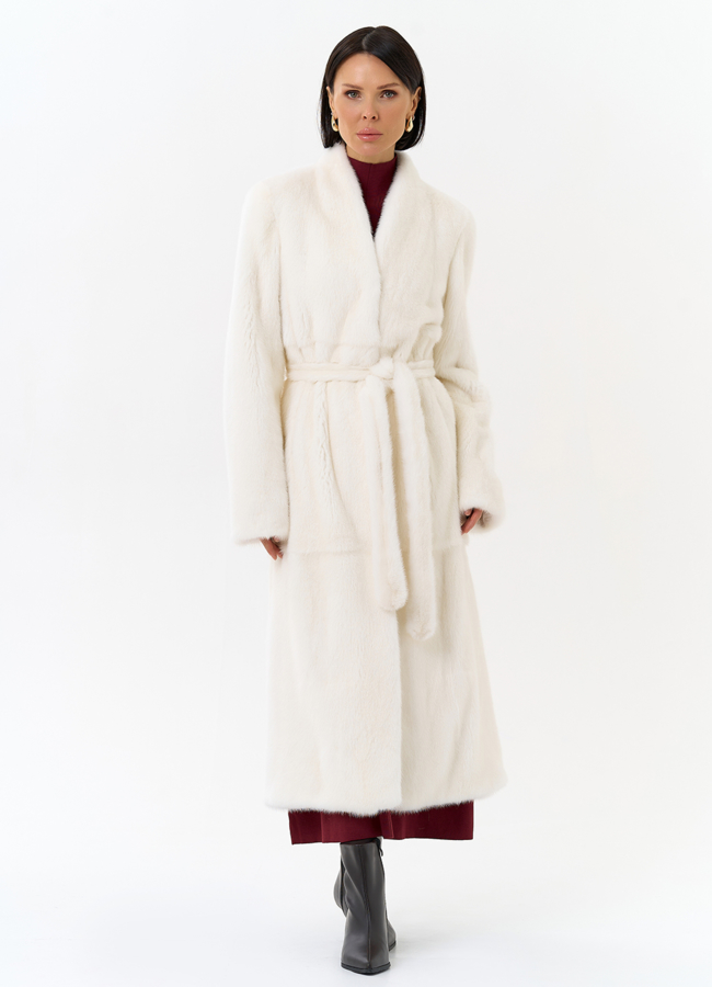 Белая шуба из меха норки с поясом модель № 31320 меха малина