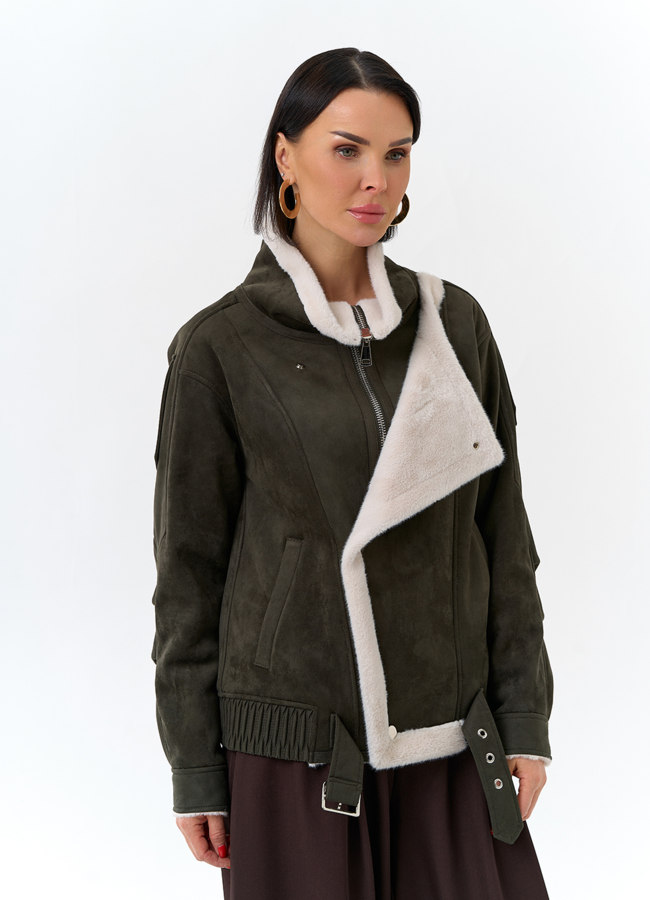 Женская дубленка бомбер из эко замши модель № 32693 универмаг малина