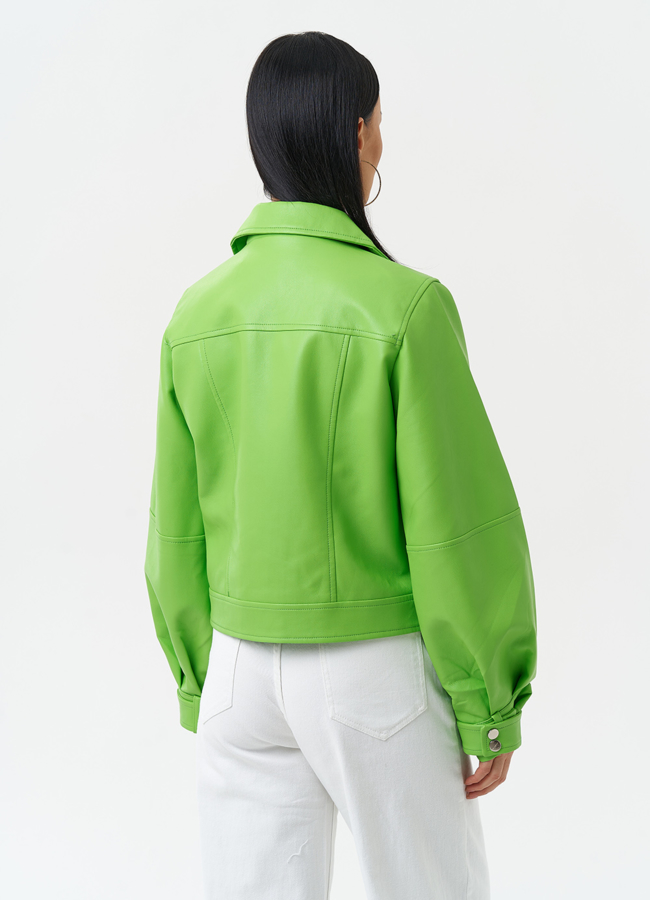 Куртка косуха из эко кожи зеленого цвета модель № 30308 в рассрочку