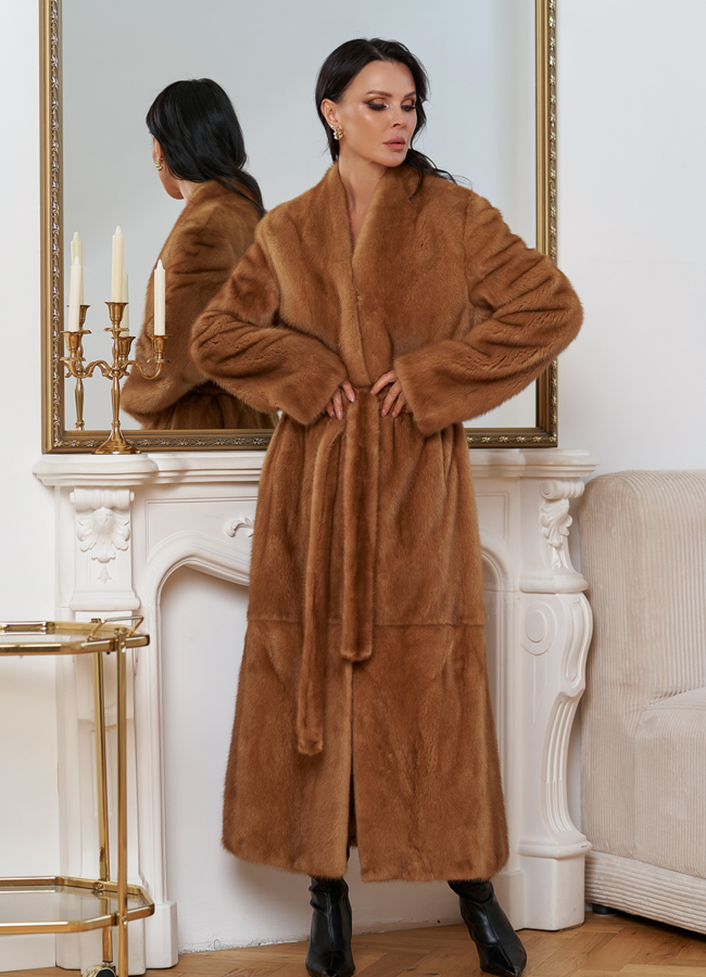 Женская длинная шуба из меха норки модель № 30696 меха малина