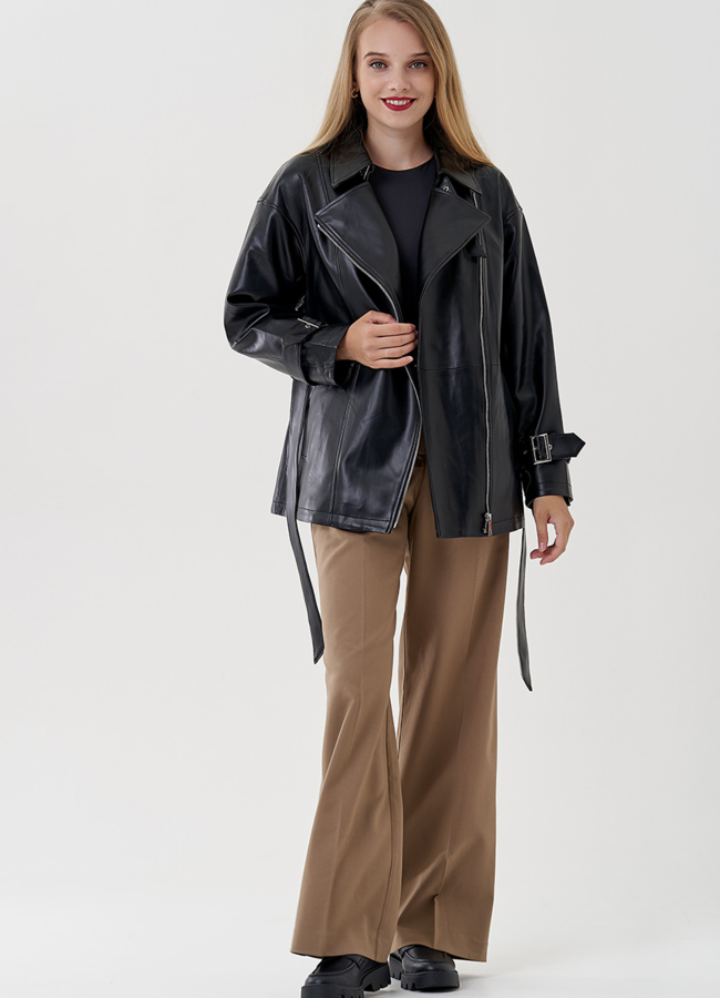 Утепленная весенняя куртка из эко кожи с поясом модель № 81224 универмаг малина