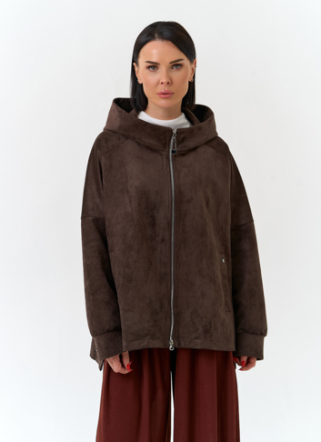 Женская куртка из эко замши с капюшоном