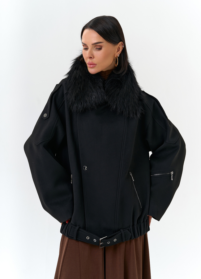 Женское укороченное пальто с отделкой из меха лисы модель № 32782 меха малина