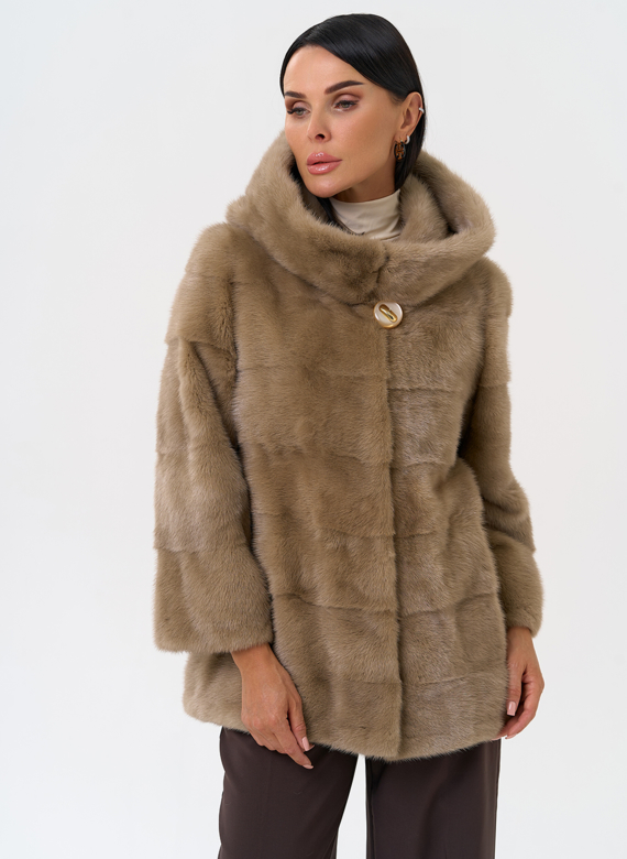 Поперечная норковая шуба с капюшоном