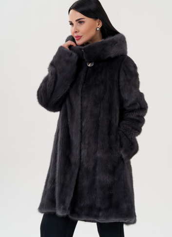 Норковая шуба балетка, в цвете графит с капюшоном