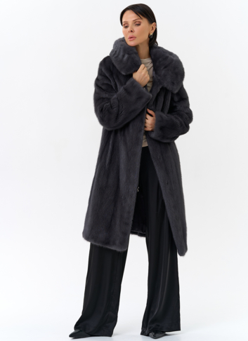 Норковая шуба годе/балетка в роспуск с капюшоном цвета графит