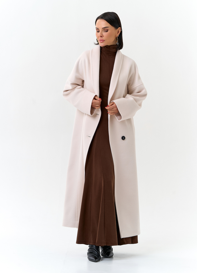 Светлое женское пальто с воротником шаль модель № 32726 универмаг малина
