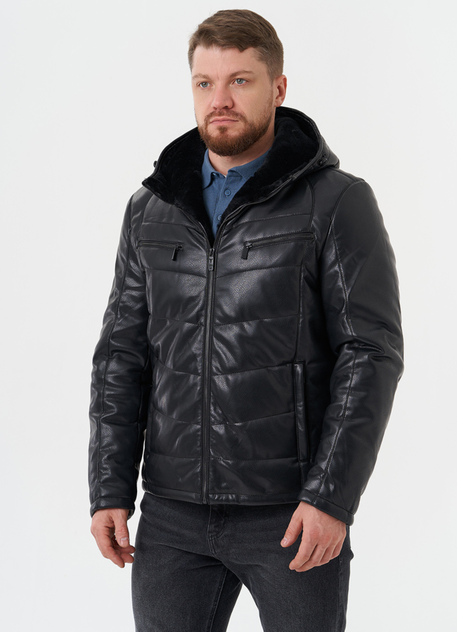 Утепленная куртка из эко кожи с капюшоном модель № 27739 в кредит