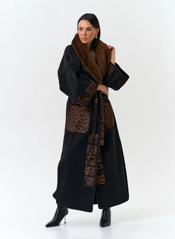 Женское длинное пальто с воротником из меха норки