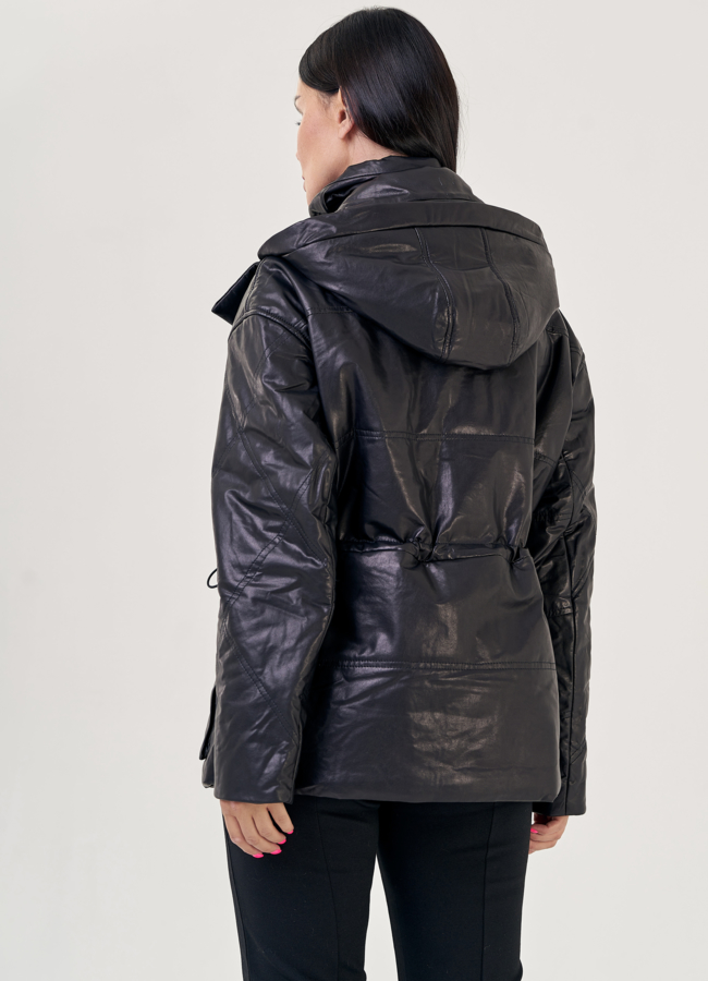 Женская кожаная куртка с капюшоном  модель № 23259 универмаг малина