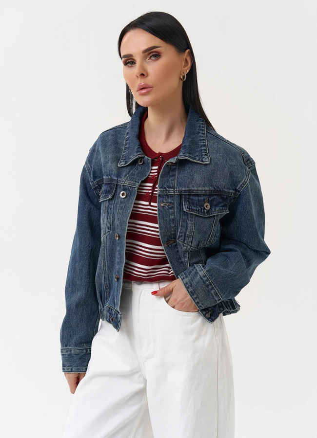 Женская джинсовая куртка синего цвета модель № 30416 меха малина