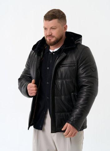 Мужской пуховик из натуральной кожи с капюшоном