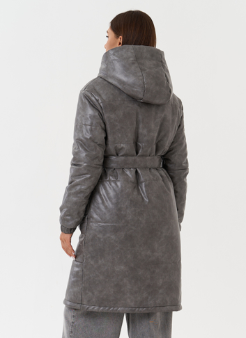 Пуховик из эко кожи с капюшоном