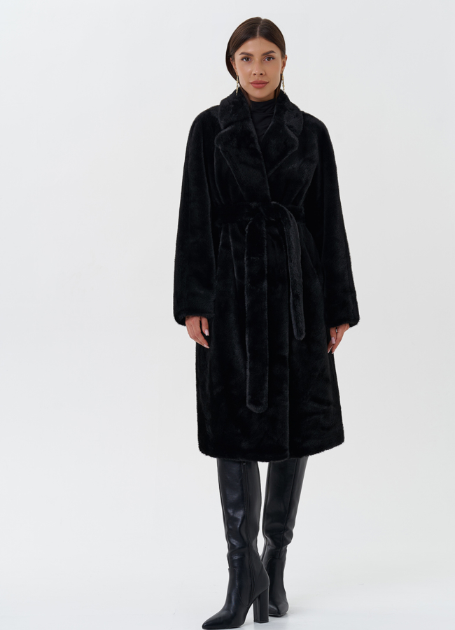 Женское пальто из эко меха с поясом модель № 27687 в кредит