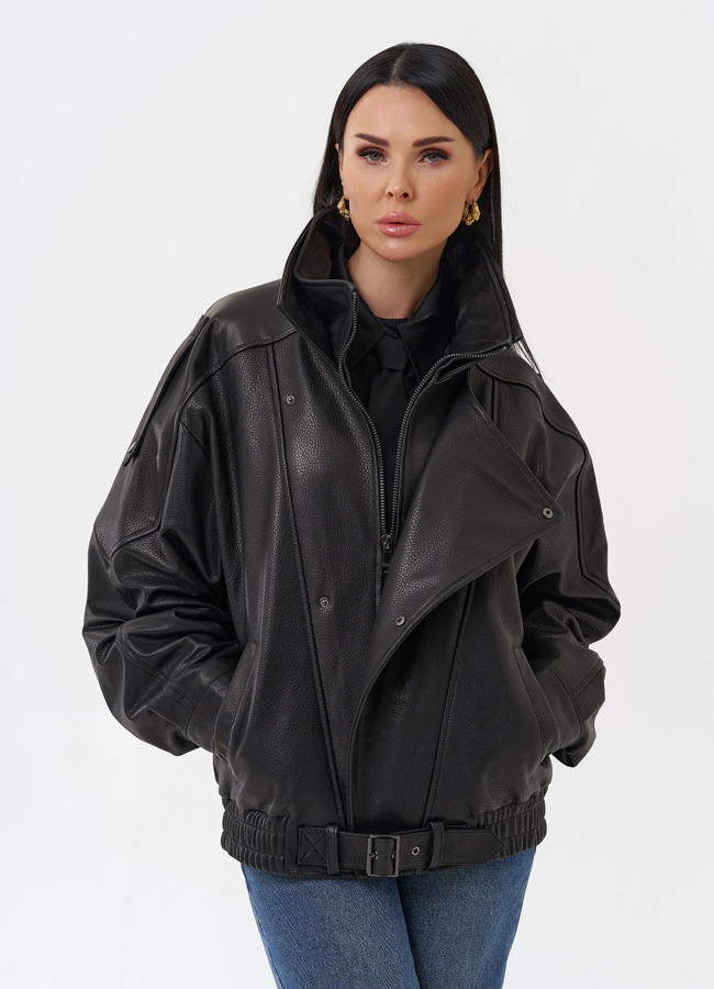 Объемная женская куртка из натуральной кожи модель № 29912 меха малина