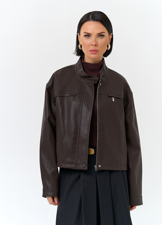 Женская куртка из эко кожи модель № 32840 меха малина