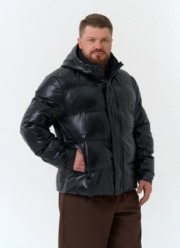 Мужской пуховик из эко кожи с капюшоном фото
