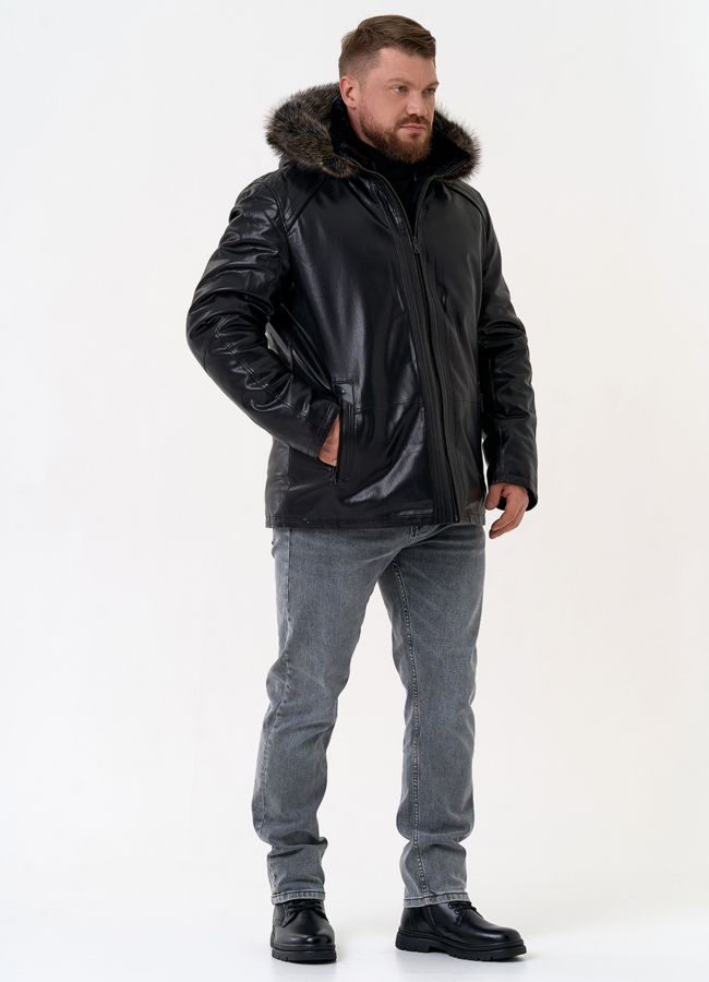 Пуховик из эко кожи с капюшоном из меха енота модель № 31719 в кредит