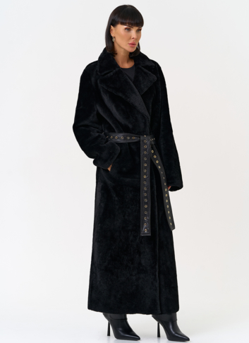 Женская натуральная дубленка с двойным поясом