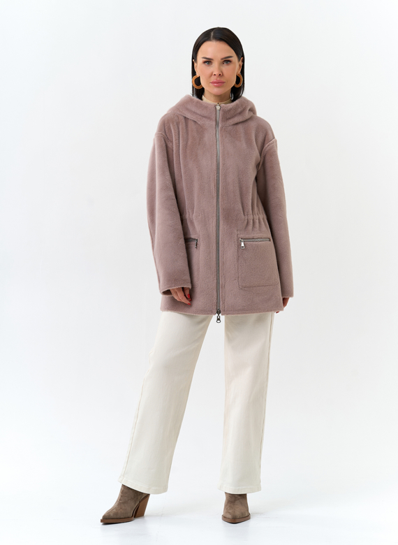 Двухсторонняя дубленка из эко замши с капюшоном