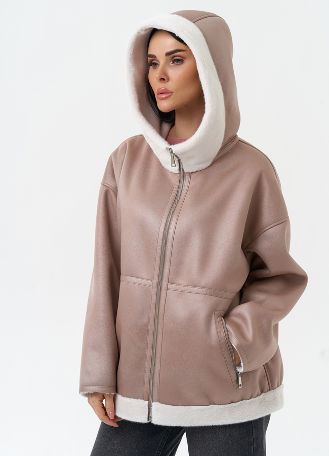 Женская дубленка из эко замши с капюшоном модель № 30209 универмаг малина